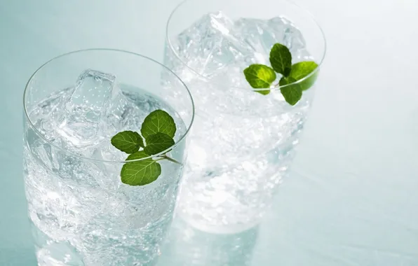 Glass, ice, water, cold, mint, mineral water