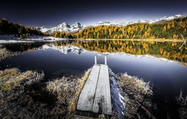 Картинка иней, осень, горы, мост, озеро