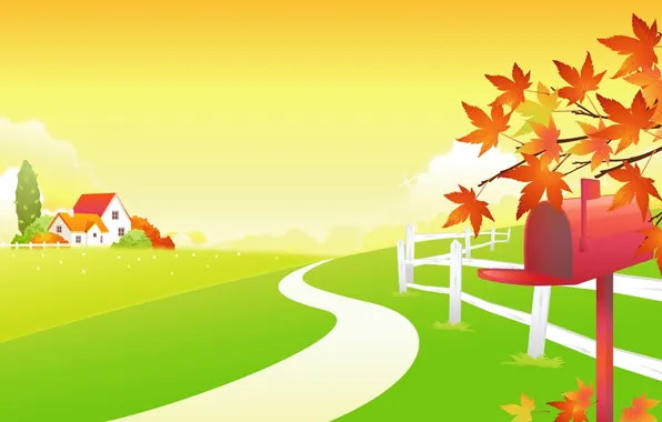 Картинка осень, листья, облака, деревья, дом, ограда, дорожка, ферма