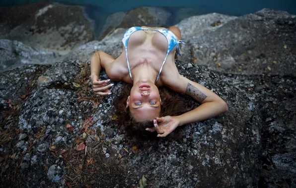 River, nature, water, rocks, model, tattoo, women, brunette
