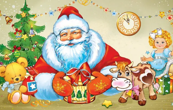 Картинка украшения, праздник, часы, елка, корова, кукла, мишка, дед мороз