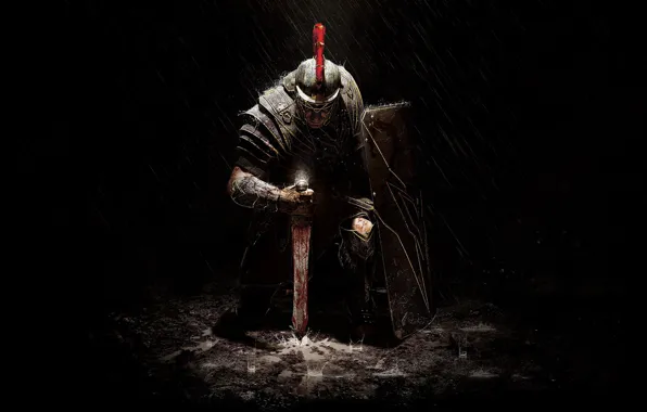 Картинка дождь, меч, доспехи, воин, щит, Crytek, Microsoft Game Studios, Ryse: Son of Rome