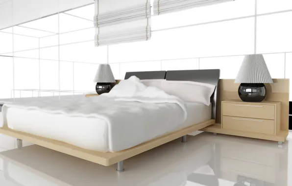 Лампа, кровать, тумбочка, спальная комната