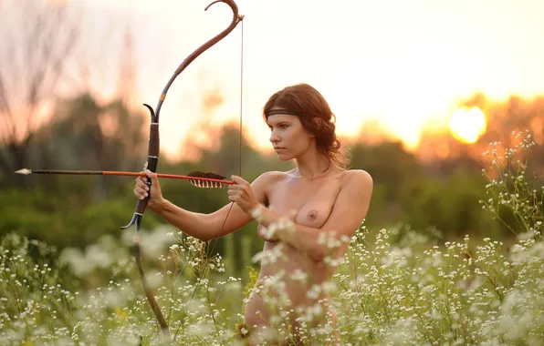 Nature, breast, flowers, nude, brunette, bow, nipple, arrow