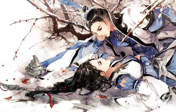 Снег, ягоды, Девушка, меч, спит, парень, art, Ibuki Satsuki