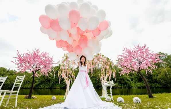 Лето, шарики, сакура, платье, summer, невеста, dress, wedding