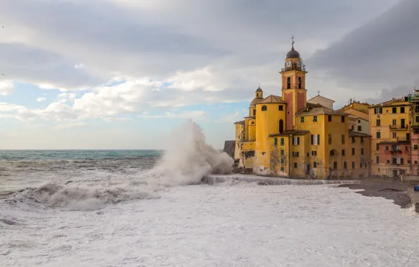 Картинка море, волны, пляж, берег, Италия, церковь, Italy, travel