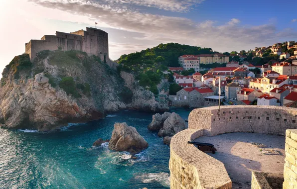 Море, город, скалы, дома, курорт, Хорватия, Дубровник