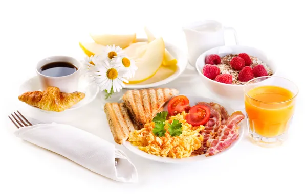 Малина, кофе, ромашки, завтрак, сок, помидоры, бекон, круассан