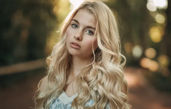 Картинка long hair, blue eyes, women, bokeh, face, blonde, Martin Kühn, parted lips
