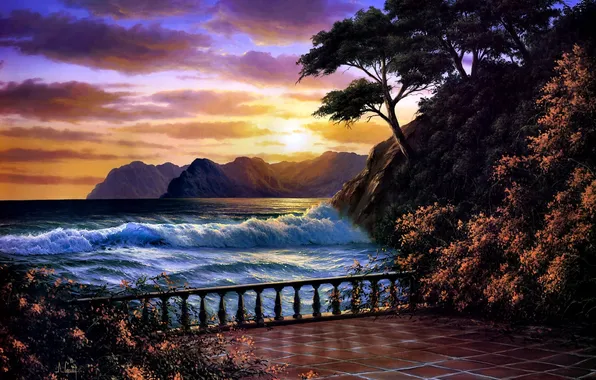 Картинка море, закат, живопись, Anthony Casay