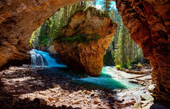 Река, Пещера, Канада, Canada, River, Cave, Johnston Canyon, Каньон Джонстон