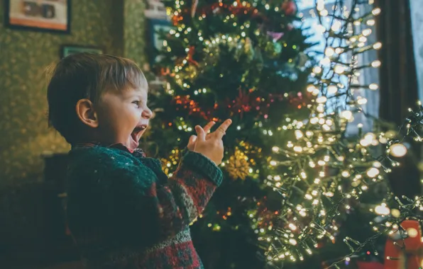 Мальчик, Гирлянды, Baby, Малыш, Радость, Christmas Tree, Рождественская елка, Christmas Spirit