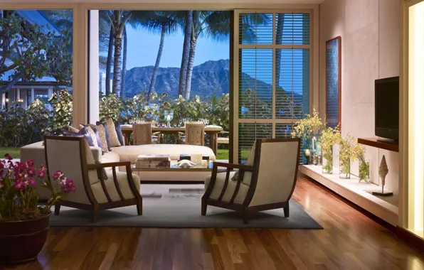 Интерьер, Гавайи, терраса, гостиная, Honolulu, столовая, O'ahu, Halekulani Resort