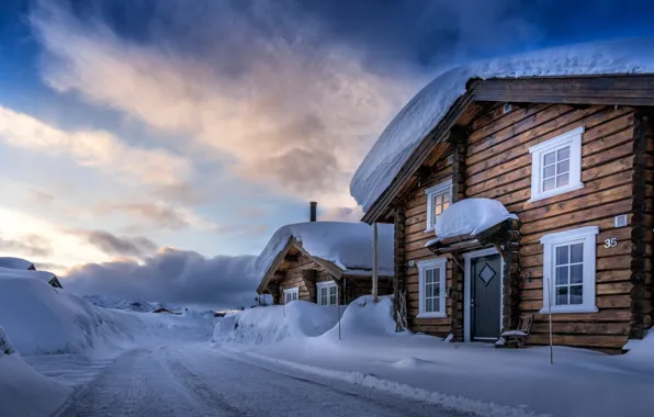 Снег, дома, Норвегия, Hovden, Agder