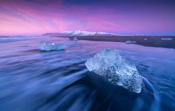 Море, закат, горы, льдины, Исландия, Iceland, Jökulsárlón, ледниковая лагуна