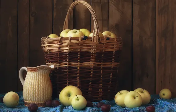 Корзина, яблоки, кувшин, натюрморт
