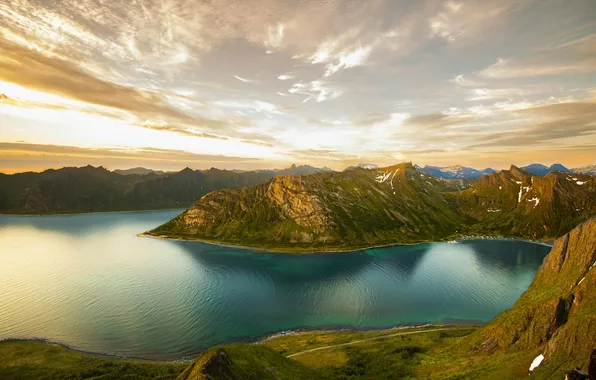 Картинка landscape, nature, sunset, water, clouds, lake, hills