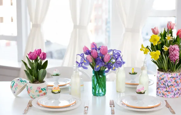 Цветы, стол, праздник, пасха, тюльпаны, декор, table, букеты