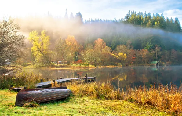 Картинка осень, небо, вода, облака, деревья, пейзаж, природа, озеро