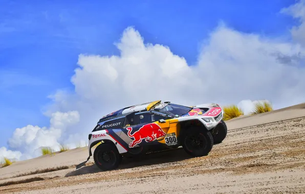 Небо, Песок, Спорт, Скорость, Гонка, Peugeot, Фары, Red Bull