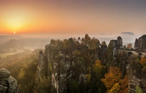 Осень, лес, солнце, горы, туман, скалы, вид, высота