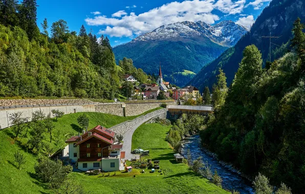 Картинка дорога, лес, горы, река, здания, дома, Австрия, деревня