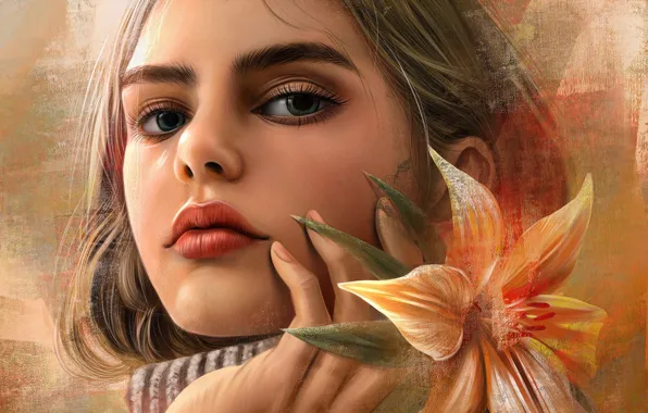Цветок, глаза, взгляд, девушка, лицо, Vincent Chu