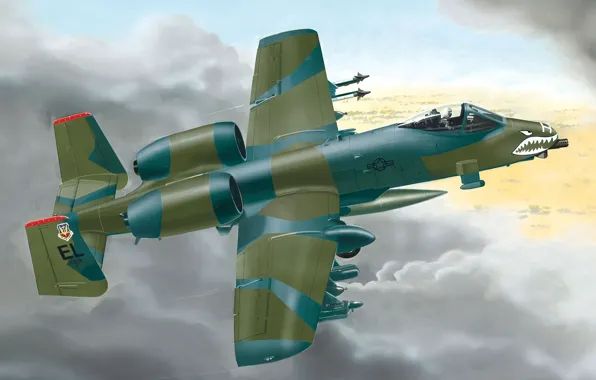 Картинка небо, рисунок, арт, полёт, американский, задание, Fairchild-Republic A-10 Thunderbolt II, бронированный одноместный двухдвигательный штурмовик