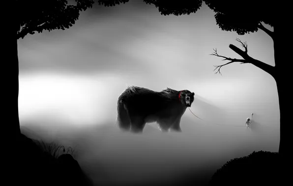 Картинка деревья, туман, красное, ребенок, медведь, арт, поводок, черно-белое