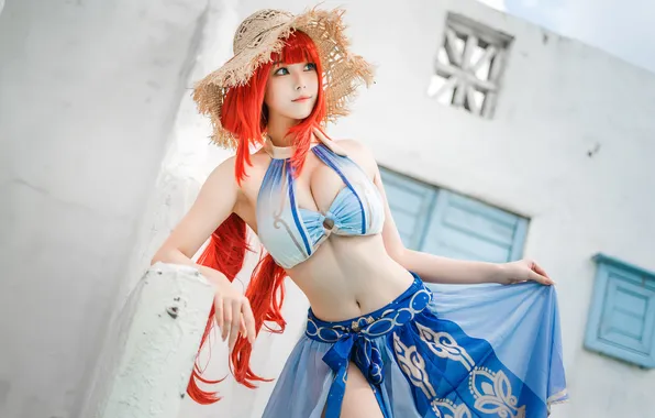 Asian, model, redhead, cosplay, straw hat, Genshin Impact, Mizhimaoqiu, Nilou (Genshin Impact)