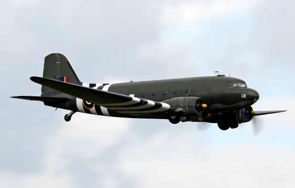 Картинка небо, полёт, американский, военно-транспортный самолёт, WW2, Дуглас C-47 «Дакота»