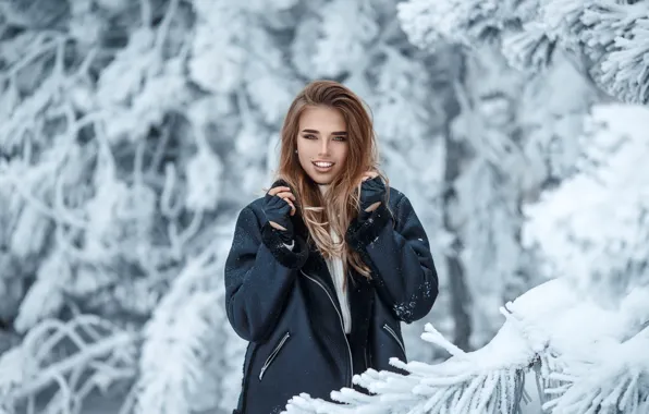 Картинка взгляд, снег, улыбка, Девушка, красивая, Сергей Сорокин, Люба Иванова