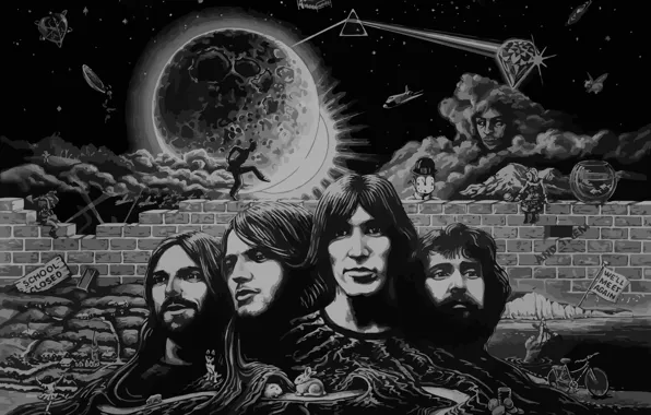 Картинка Рисунок, Музыка, Луна, Треугольник, Pink Floyd, Арт, Призма, Рок