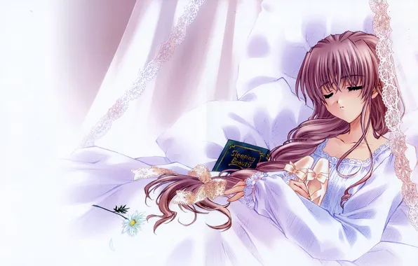 Картинка девушка, кровать, сон, арт, спит, книга, carnelian