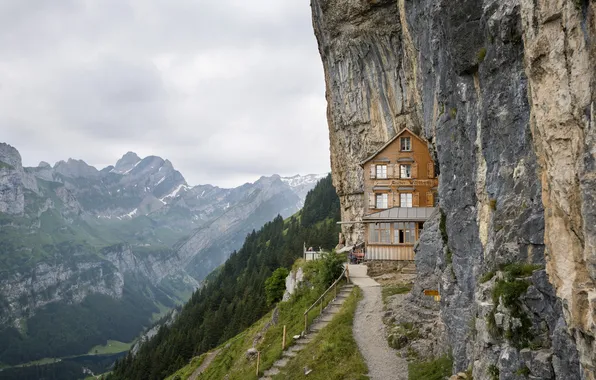 Картинка горы, дом, обрыв, скалы, здание, лестница, ступеньки
