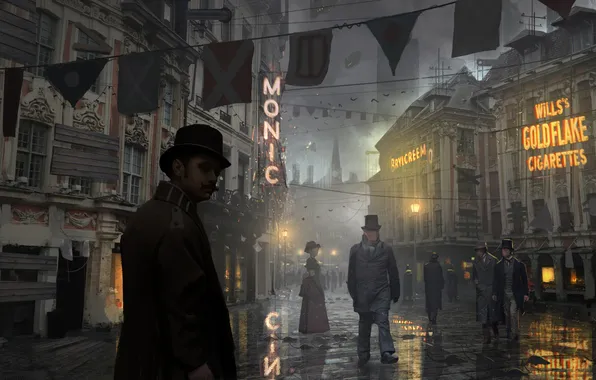 Картинка город, улица, вечер, steampunk, прохожие