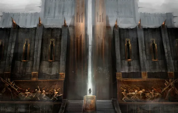 Картинка город, человек, ворота, дверь, лестница, дымка, крепость, Dragon Age 2
