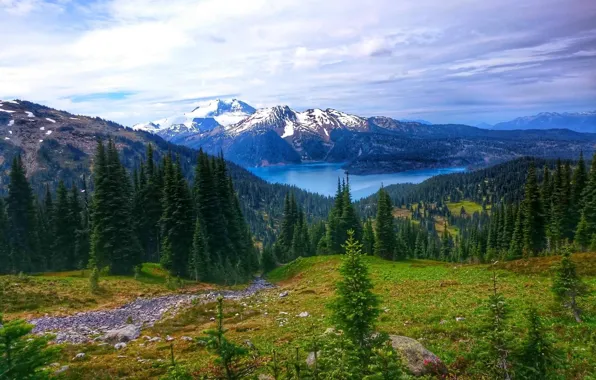 Forest, view, mountain, lake, Garibaldi Lake, peak