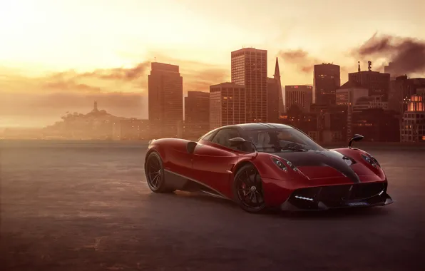 Закат, вечер, суперкар, Pagani, Huayra