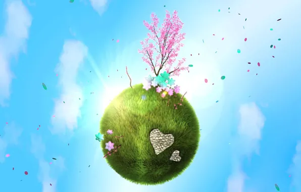 Любовь, планета, весна, зеленая, деревце