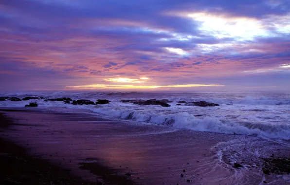 Картинка море, волны, пляж, закат, камни