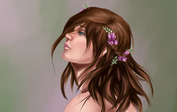 Картинка взгляд, девушка, цветы, ресницы, фон, волосы, арт, профиль