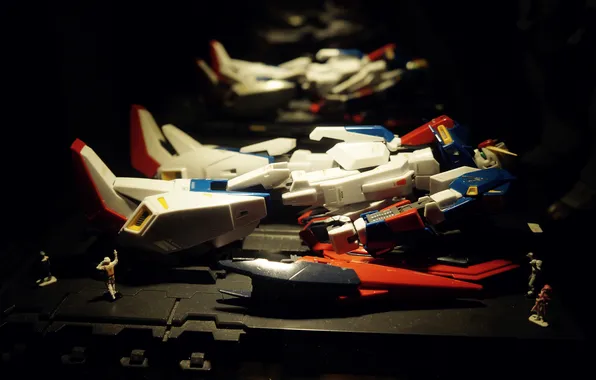 Картинка dark, light, red, toy, minimalism, blue, gundam, display