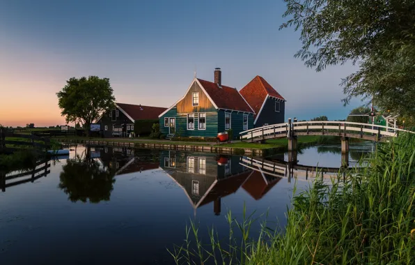 Картинка мост, домики, Нидерланды, Голландия, North Holland, Zaanse Schans, Zaanstad, водяной канал