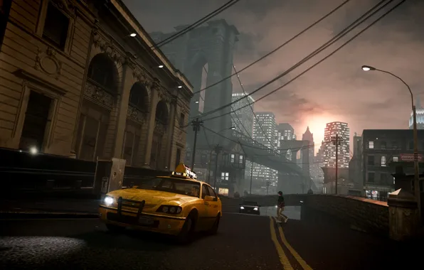 Картинка закат, мост, дождь, вечер, такси, нью йорк, Grand Theft Auto IV