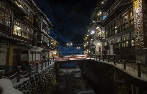 Картинка зима, снег, ночь, дома, Япония, освещение, фонари, мостик