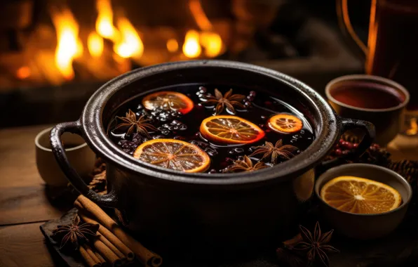 Темный фон, стол, апельсины, Рождество, Новый год, кастрюля, напиток, корица