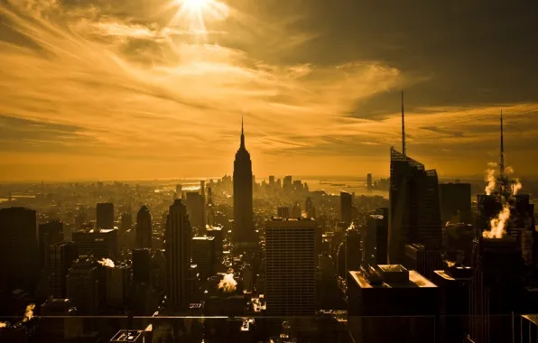 Картинка солнце, город, ярко, Нью Йорк, с высоты птичьего полета