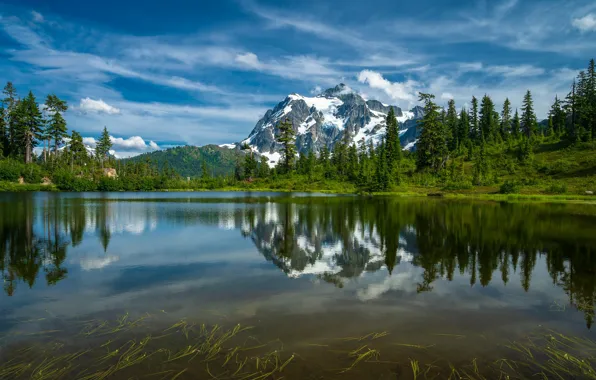 Деревья, горы, озеро, отражение, Гора Шуксан, Каскадные горы, Washington State, Cascade Range